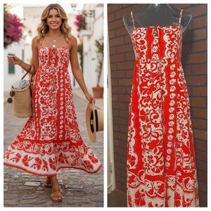 Red White Floral Maxi Dress Linen Blend Small Boho Summer